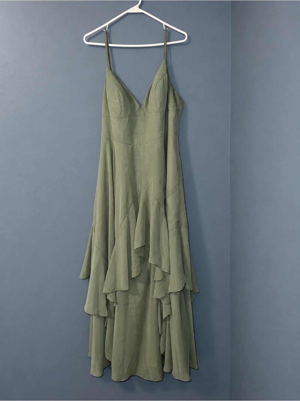 Olive Green Spaghetti Strap Ruffle Maxi Dress